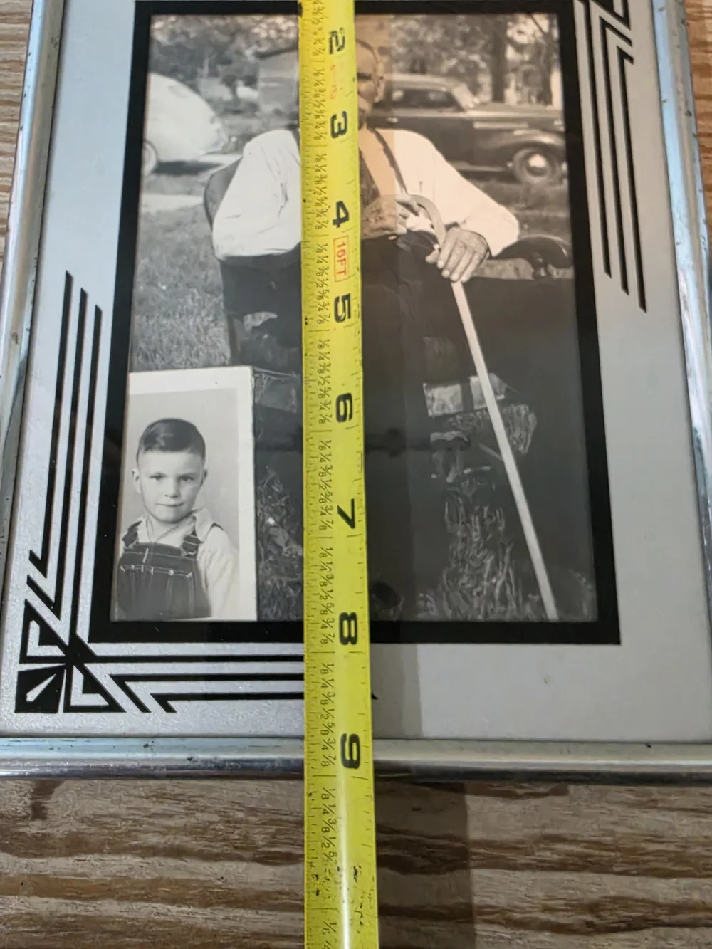 Art Deco Vintage Frame 7x9 In Reverse Painted Glass Silver w Black & Old Photos